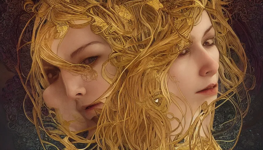 Prompt: golden leaves at frame border, creative!!! composition for a book cover!!!, absurdly beautiful, ultrafine hyperrealistic detailed old!! witch face by wlop and alphonse mucha and greg rutkowski, intricate linework, sharp focus, smooth, octopath traveler, final fantasy, unreal engine, dramatic lighting, ethereal, 8 k