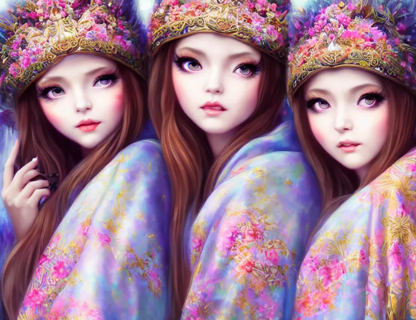 Image similar to two beautiful fashion siberian girls wear fantasy kimono in festival | | big eyes, sunny, dreamlike art, realistic shaded, smile, good looking, hyper details, 4 k realistic, cryengine, realistic shaded lighting poster by artgerm, ross tran, fuji choko, loish, 8 k resolution, trending on artstation, luxury