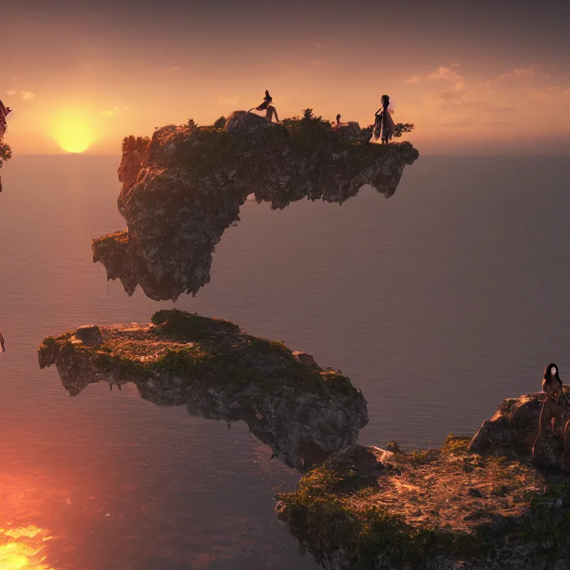 Image similar to unreal engine render, floating islands with beautiful women in foreground, cinematic, sunset, fantasy, 8 k, trending on artstation