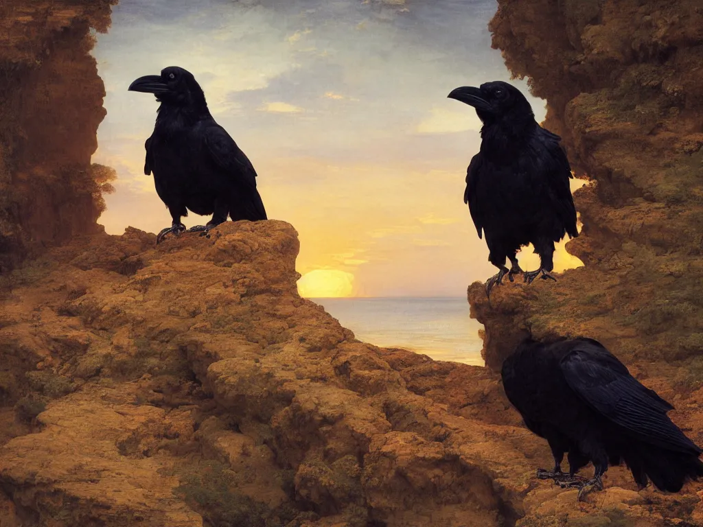 Image similar to a breathtakingly stunningly beautifully highly detailed close up portrait of a raven under a rock arch, epic coves crashing waves plants, beautiful clear harmonious composition, dynamically shot, wonderful strikingly beautiful serene sunset, detailed organic textures, by frederic leighton and rosetti and turner and eugene von guerard, 4 k