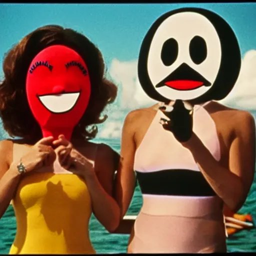 Image similar to 1969 twin women on tv show wearing an inflatable mask long prosthetic snout nose with googly eyes, soft color wearing a swimsuit at the beach 1969 color film 16mm holding a hand puppet Fellini John Waters Russ Meyer Doris Wishman old photo