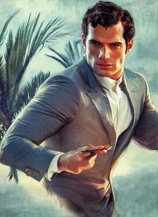 Image similar to portrait of henry cavill as james bond, key art, palm trees, vintage aston martin, highly detailed, digital painting, artstation, concept art, cinematic lighting, sharp focus, illustration, by gaston bussiere alphonse mucha