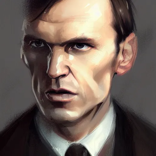 Image similar to Portrait of a man by Greg Rutkowski, he is about 40 years old, mixture between russian and irish, side parted combover brown hair, attractive, NARROW very very very very sharp face ANGULAR hawkish facial features, hooked nose , extremely pale white skin, smart looking, he is wearing a black trenchcoat, highly detailed portrait, scifi, digital painting, artstation, concept art, smooth, sharp foccus ilustration, Artstation HQ