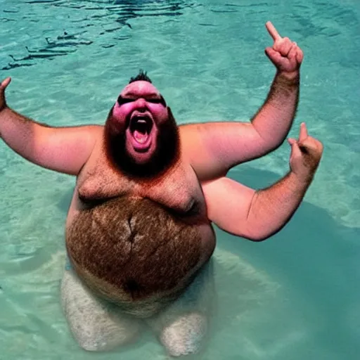 Image similar to a leaked photo of a screaming, hairy, fat man wearing a swimsuit holding the worlds largest toad