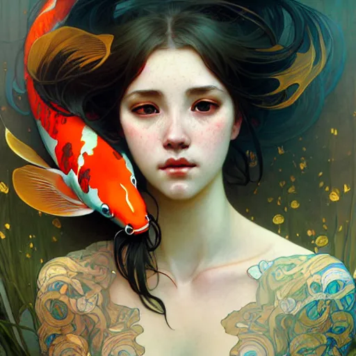 Image similar to Portrait of a girl surrounded by Koi fish, face, fantasy, intricate, elegant, highly detailed, digital painting, artstation, concept art, smooth, sharp focus, illustration, art by Krenz Cushart and Artem Demura and alphonse mucha