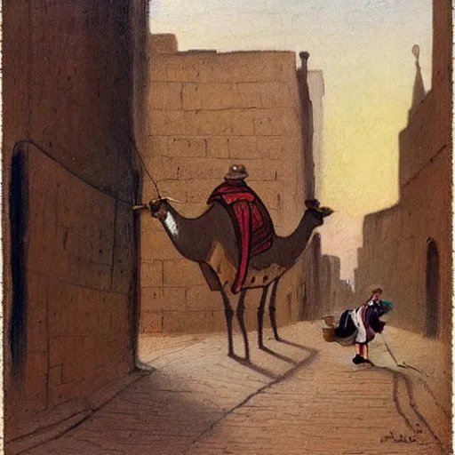 Image similar to An expressionistic painting of a mouse Riding a camel through a narrow street in london, (1885)