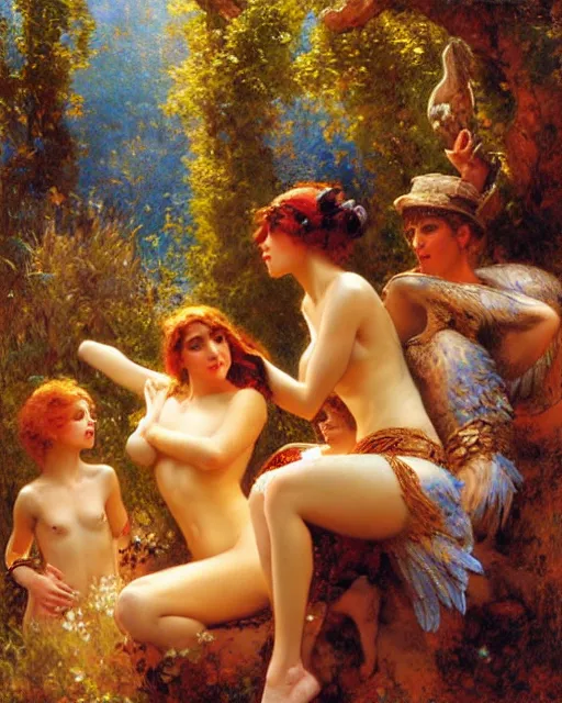 Prompt: harpies find a handsome man in the enchanted valley, painting by gaston bussiere, craig mullins, j. c. leyendecker