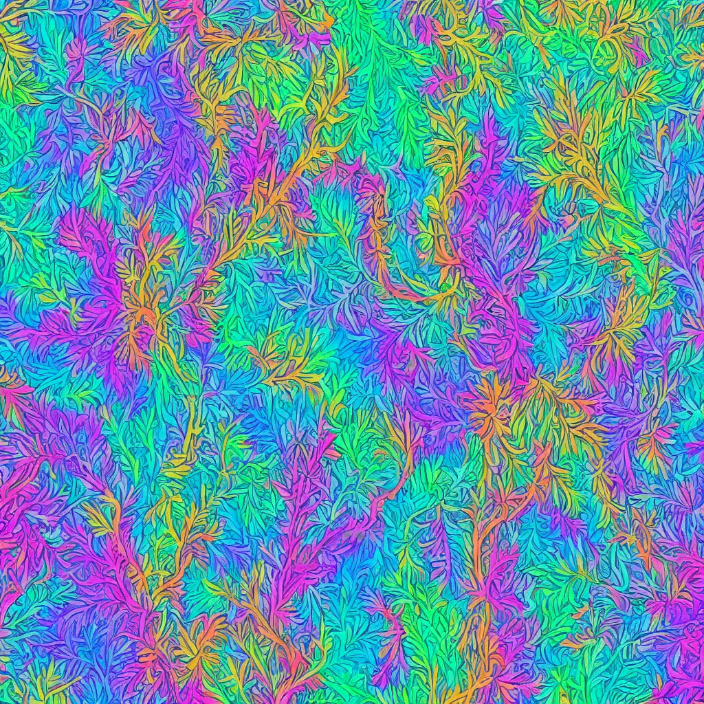 Prompt: Pacific coast forest in the style of Lisa Frank and Alex Grey