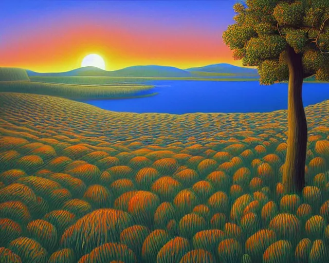 Image similar to a painting of an unimaginably beautiful landscape at golden hour, an ultrafine detailed painting by rafal olbinski, behance contest winner, pop surrealism, detailed painting, very detailed, minimalist, skeuomorphic, airbrush art