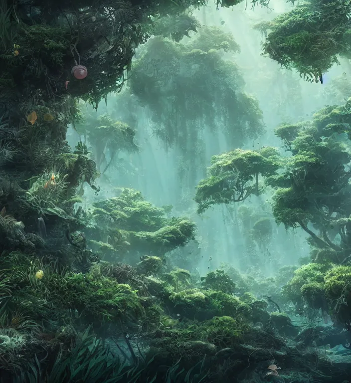 Prompt: a forest underwater, studio ghibli, au naturel, hyper detailed, digital art, trending in artstation, cinematic lighting, studio quality, smooth render, unreal engine 5 rendered, octane rendered