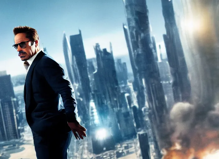 Image similar to film still of Robert Downey Jr as Cobb with the world bending in the background in Inception, 4k