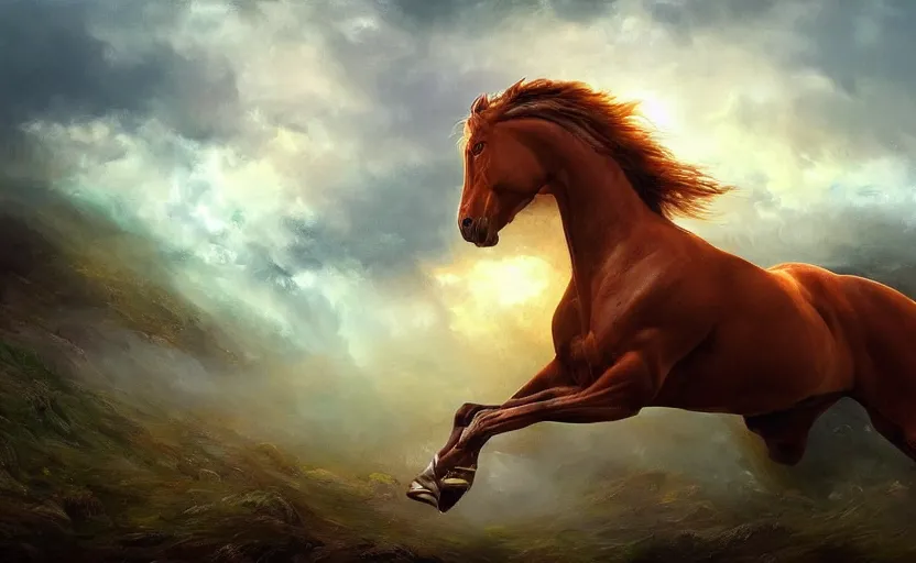 Image similar to a beautiful oil painting of a proud galloping horse. wide angle, fantasy art, heroic lighting, very very very beautiful raytraced rendering, fog, finger of god, amazing wallpaper