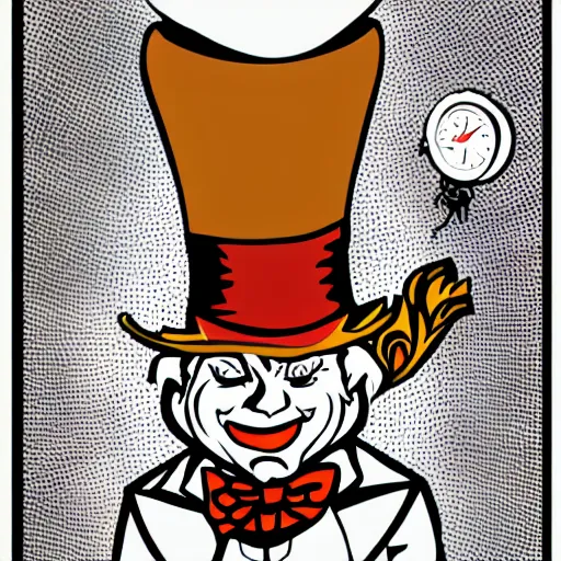 Image similar to mad - hatter - the - lunatic - madman as an nft - comic - art made by pop wonder, svg comic style, vector - artwork made in adobe - illustrator