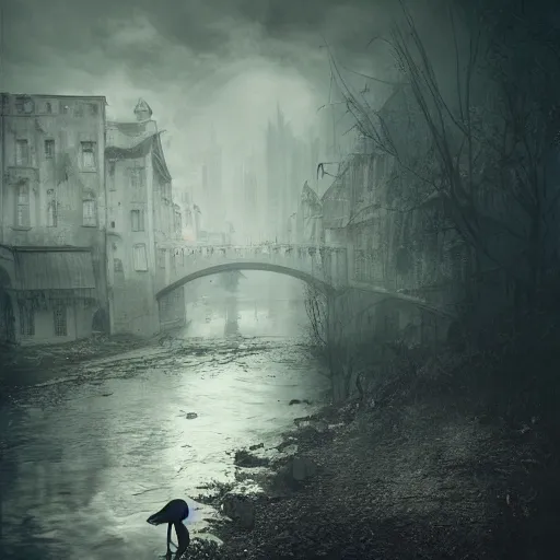 Image similar to poisonous river, plague doctor, medium shot, dark fantasy, gritty, by paolo roversi, by bastien lecouffe - deharme, by yanjun chen, by makoto shinkai