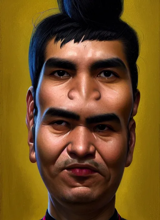 Image similar to portrait of a wide faced peruvian man with a crooked nose and a confident expression, 1 9 6 0 s, black clothes, goth, punk, brightly coloured hair, funk, intricate, elegant, highly detailed, digital painting, artstation, concept art, smooth, sharp focus, illustration, art by wlop, mars ravelo and greg rutkowski