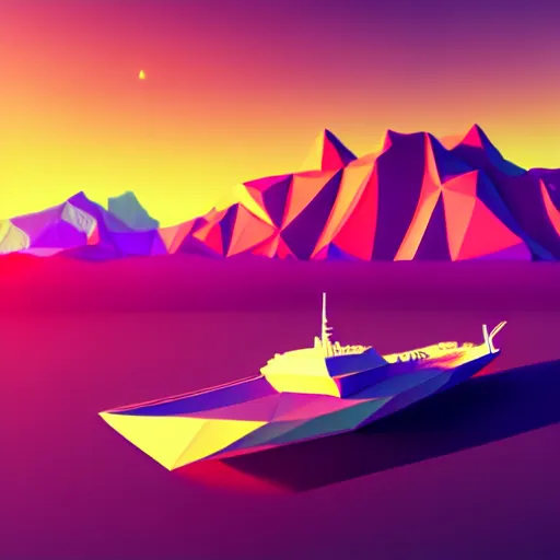 Prompt: super detailed color lowpoly art, big graphic seiner ship on sunset view with mountains, unreal engine, high contrast color palette, 3 d render, lowpoly, colorful, digital art, perspective, full volume composition, syd mead