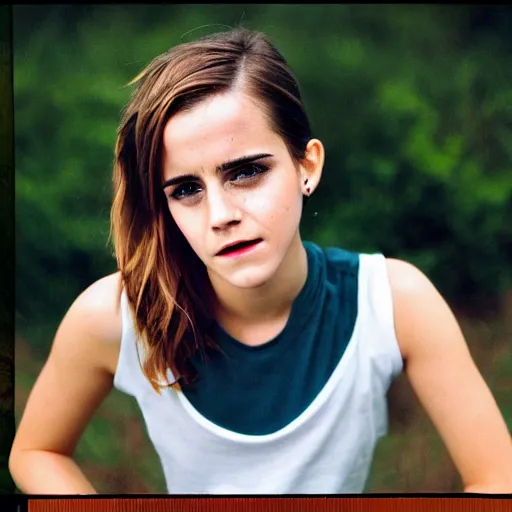 Image similar to photo, close up, emma watson in a hi vis vest, chewing tobacco, mouth full, portrait, kodak gold 2 0 0,