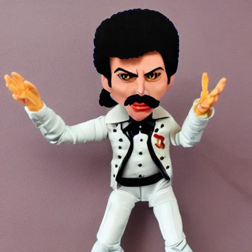 Image similar to a stopmotion puppet of freddie mercury, vinyl action figure, plastic, toy