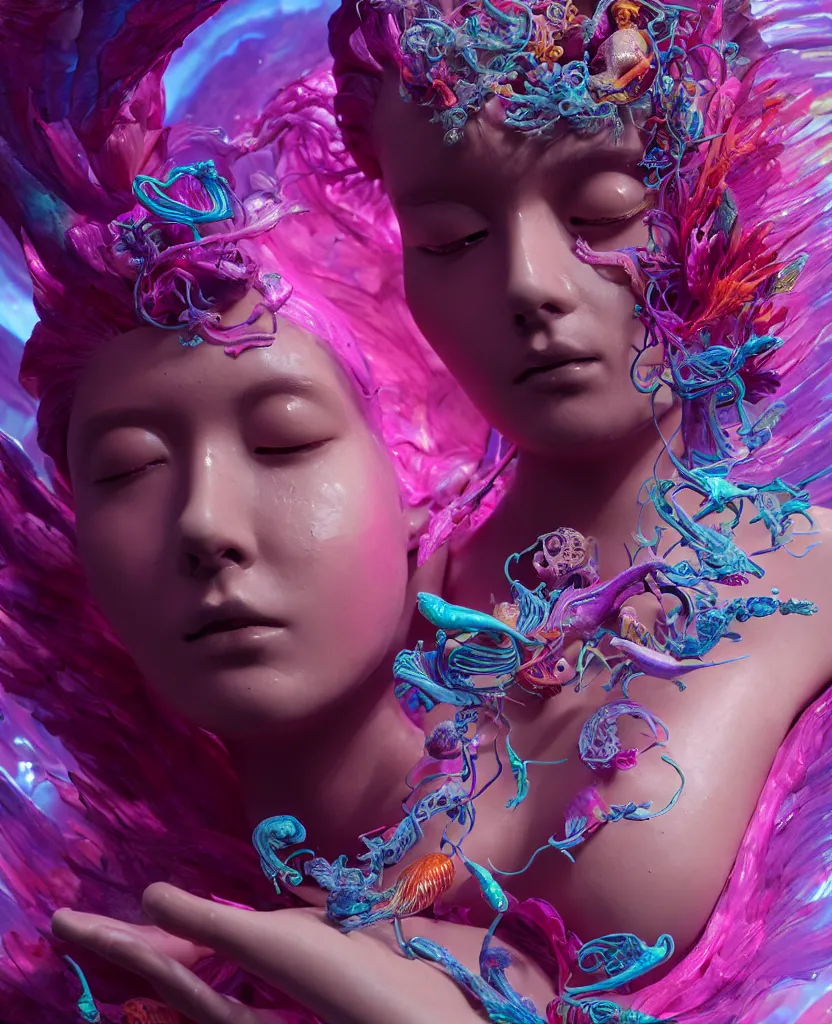 Image similar to goddess full color painted acryllic sculpture close-up portrait. orchid bird phoenix head, nautilus, skull, betta fish, bioluminiscent creatures, intricate artwork by Tooth Wu and wlop and beeple. octane render, trending on artstation, greg rutkowski very coherent symmetrical artwork. cinematic, hyper realism, high detail, octane render, 8k