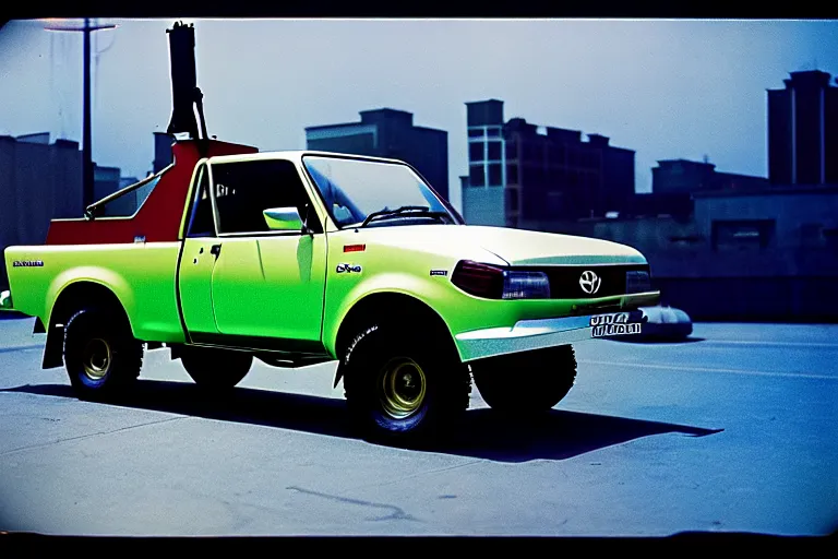 Image similar to stylized poster of a toyota hilux with an anti - aircraft gun in the back concept, thick neon lights, ektachrome photograph, volumetric lighting, f 8 aperture, cinematic eastman 5 3 8 4 film