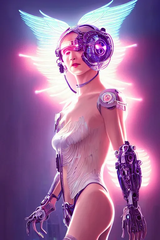 Image similar to portrait futuristic angel Girl with halos and wings and feathers and armor, in future cyberpunk tokyo rooftop , ssci-fi, fantasy, intricate, very very beautiful, elegant, human anatomy, human structure, neon light, highly detailed, digital painting, artstation, concept art, smooth, sharp focus, illustration, art by tian zi and WLOP and alphonse mucha