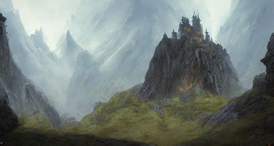 Image similar to castle on a misty mountain by John Howe and Jeff Easley and Craig Mullins, concept art, HD, 8K