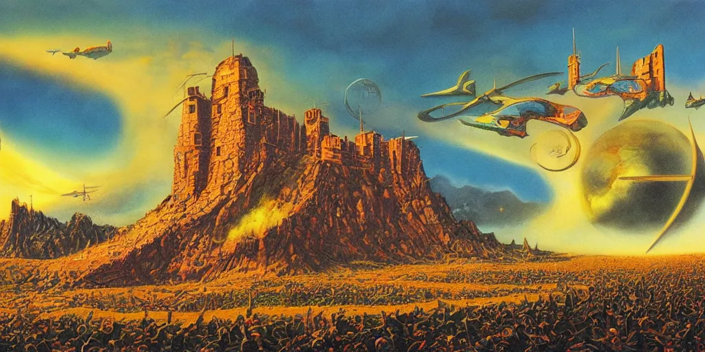 Image similar to artwork of the twin fortress by terry oakes, by erol otus