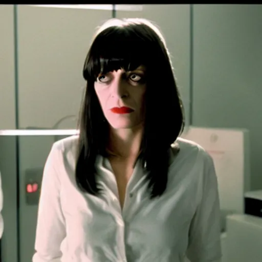 Image similar to movie still of robot mia wallace, cinematic composition, cinematic light, criterion collection, by edgar wright