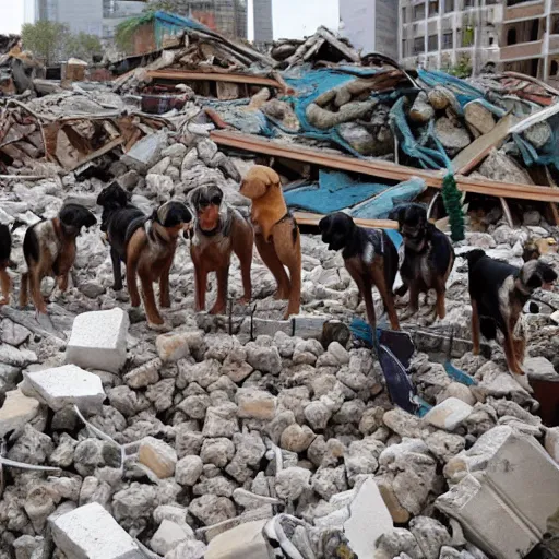 Image similar to seven eager dogs, standing in a rubble after a building collapsed, journalistic photograph.