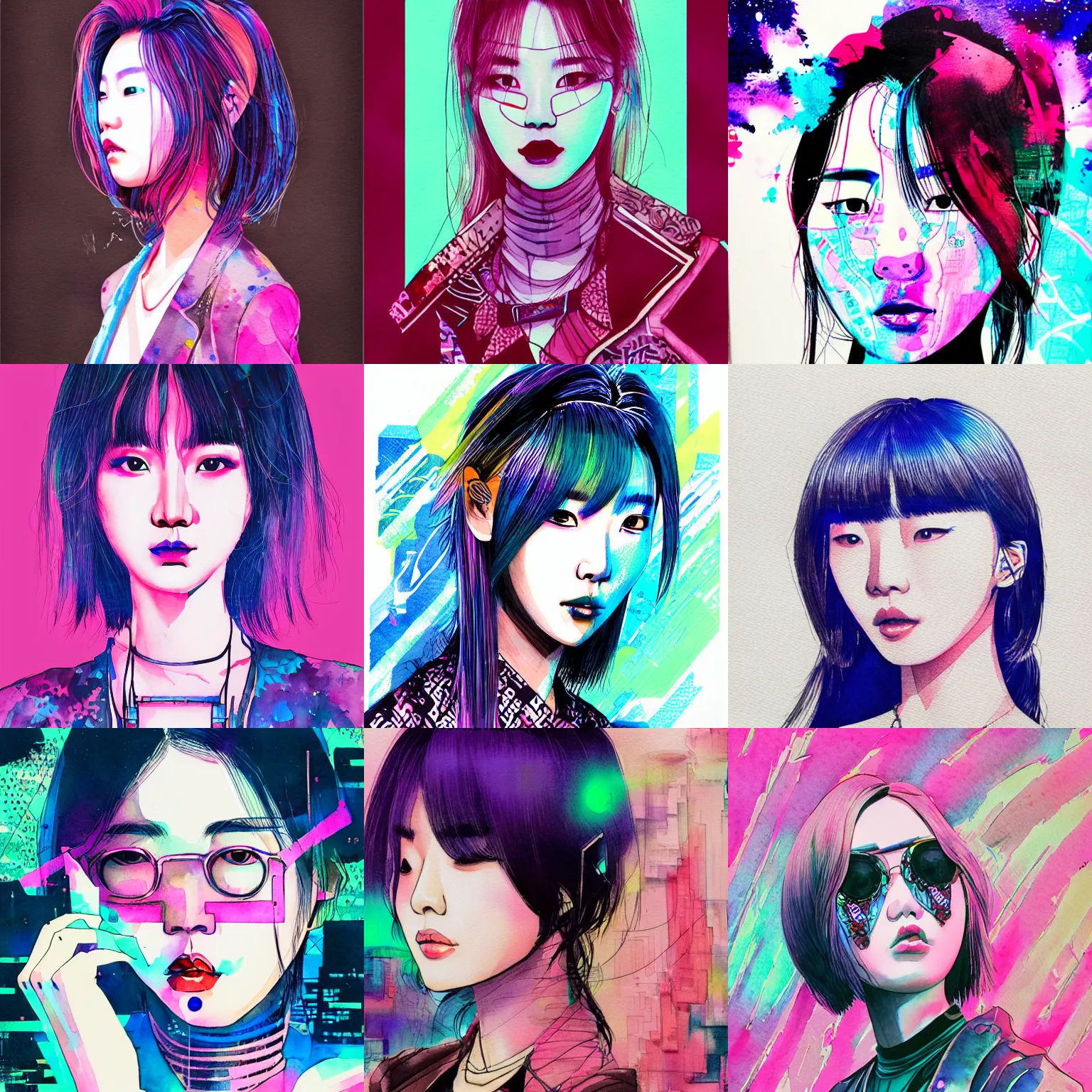 Prompt: korean women's fashionhacker, intricate watercolor cyberpunk vaporwave portrait by tim doyle