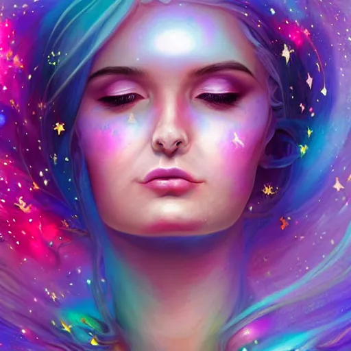 Image similar to a galaxy pink purple and blue colored, psychedelic ethereal portrait, kim petras with her eyes closed, transcending to a higher plane of existence, eternal blessing, multiverse, by android jones, by ben ridgeway, visionary art, by artgerm, featured on artstation, cgsociety, by greg rutkowski