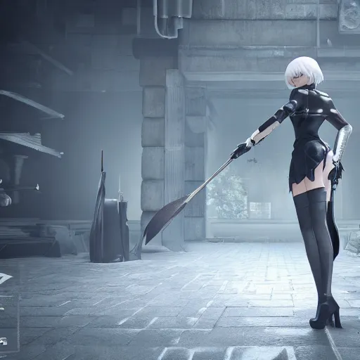 Prompt: 2 b nier automata hiding, 3 d render, unreal engine, octane render, ray tracing, unity, highly detailed, high quality, hd, 4 k, 8 k, realistic, sharp, trending