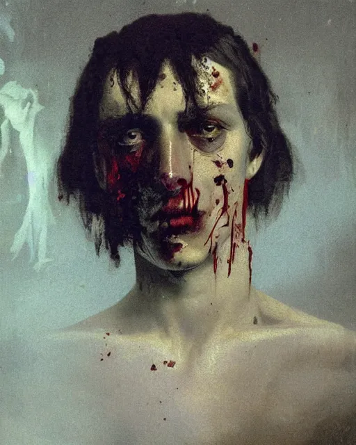 Image similar to a beautiful and eerie baroque painting of a beautiful but creepy young man in layers of fear, with haunted eyes and dark hair, 1 9 7 0 s, seventies, wallpaper, a little blood, morning light showing injuries, delicate embellishments, painterly, offset printing technique, by brom, robert henri, walter popp