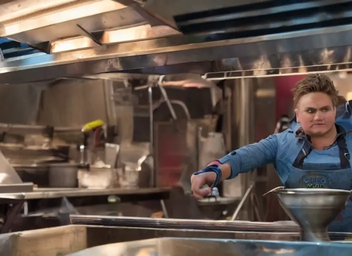 Prompt: film still of Rocket Racoon working as a food truck chef in the new Guardians of the Galaxy movie, 4k