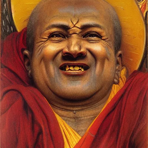 Prompt: highley detailed potrait of old srilankan buddhist monk gold coming out of mouth and eyes baroque style, painting by gaston bussiere, craig mullins, j. c. leyendecker, lights, art by ernst haeckel, john william godward, hammershøi,