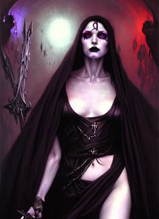 Prompt: female goth necromancer, robes, full body, hyper realistic, extremely detailed, dnd character art portrait, dark fantasy art, intricate fantasy painting, dramatic lighting, vivid colors, deviantart, artstation, by edgar maxence and caravaggio and michael whelan and delacroix.