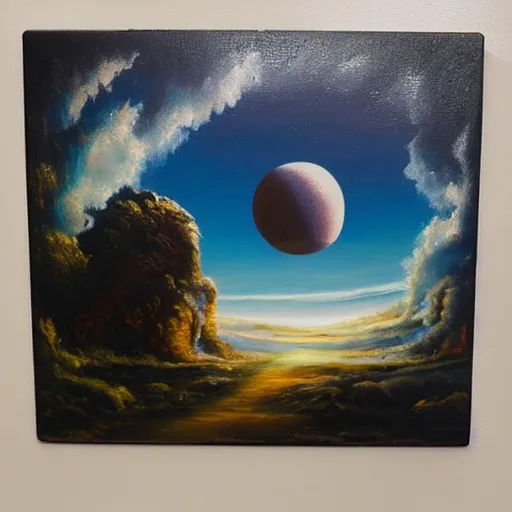 Prompt: oil painting of a beautiful magical landscape with a planet in the sky