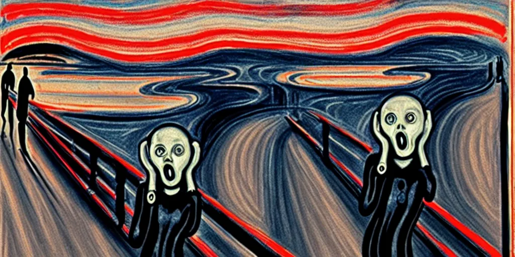Image similar to The Scream painting realistic robot inspired by black widow by white night on art station