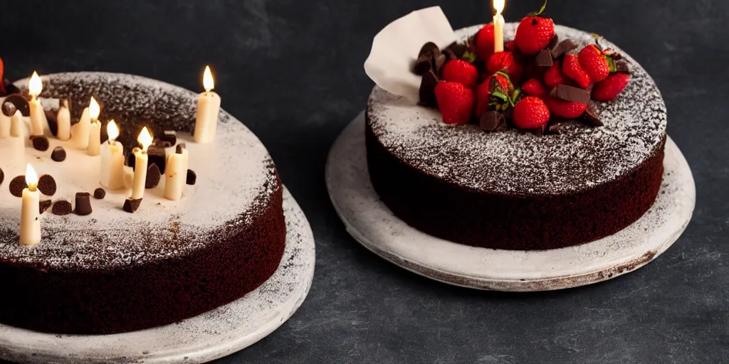 Prompt: A chocolate cake with candles on it, gourmet cooking, studio lighting