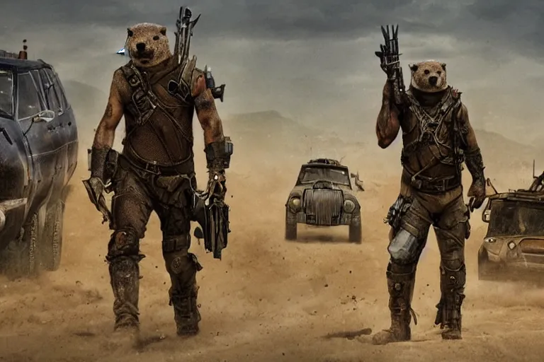 Prompt: a good ol'otter fursona ( from the furry fandom ), heavily armed and armored facing down armageddon in a dark and gritty version from the makers of mad max : fury road. witness me.