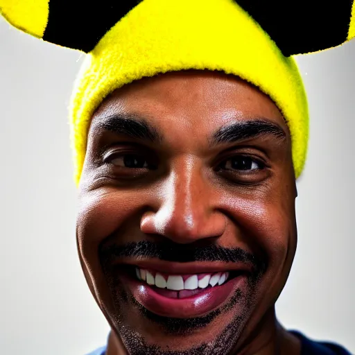 Image similar to a bald black man with a pikachu hat, close up