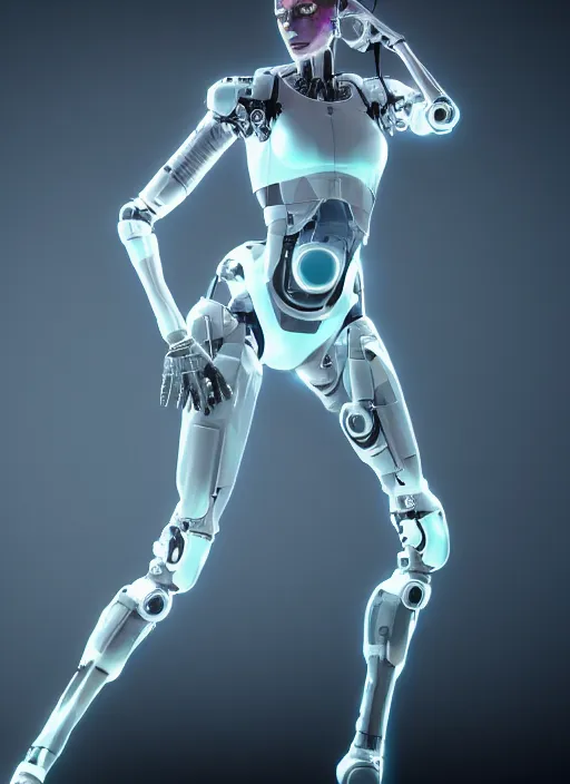 Image similar to photorealistic detailed full body picture of a female cyborg, pretty face with arm and legs, neon lights, white suit, humanoid, extreme, uhdr, book called the most influental cyborg in 2 0 5 0, fine details, highly detailed, intricate, smooth sharp focus