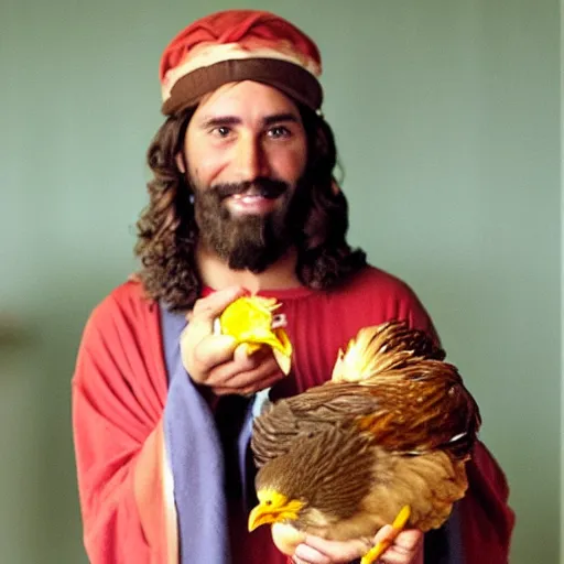 Image similar to jesus handing over a chicken to you as a present