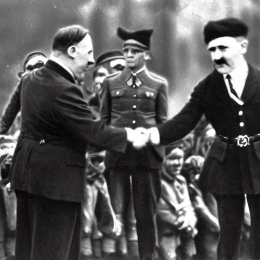 Prompt: the minions and Adolf Hitler shaking hands, black and white photo