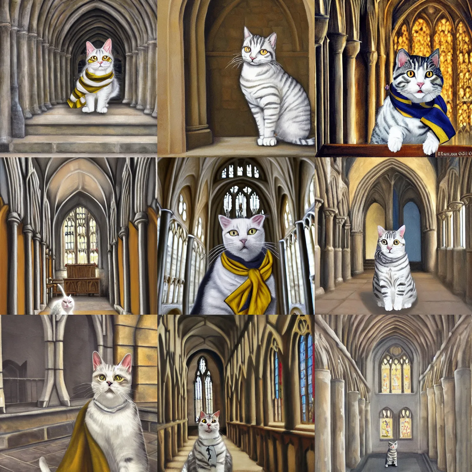 Image similar to oil painting extreme wide shot of a white and grey tabby cat wearing a hufflepuff scarf, in the Gloucester Cathedral cloisters, realistic, in the style of Harry Potter