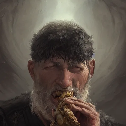 Image similar to portrait of a 6 0 year old male fighter eating beef jerky, fantasy, intricate, elegant, highly detailed, digital painting, artstation, concept art, matte, sharp focus, illustration, art by aenaluck and roberto ferri and greg rutkowski, epic fantasy, digital painting