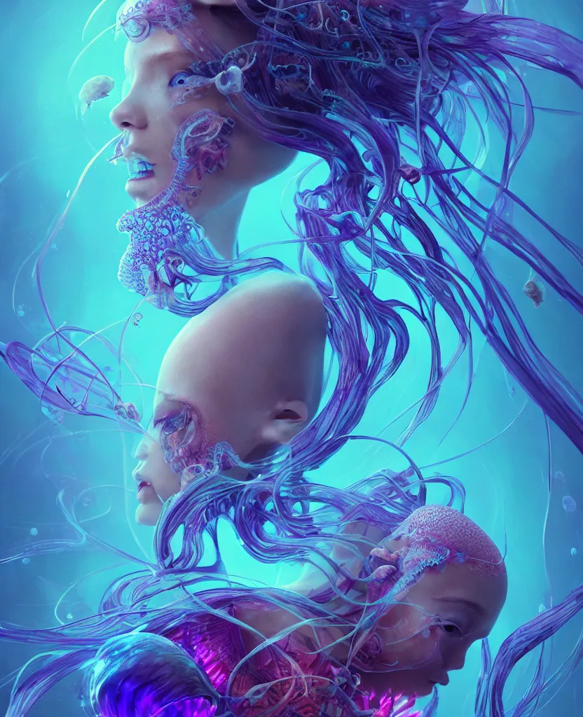 Image similar to goddess close-up portrait. jellyfish phoenix head, nautilus, orchid, skull, betta fish, bioluminiscent creatures, intricate artwork by Tooth Wu and wlop and beeple. octane render, trending on artstation, greg rutkowski very coherent symmetrical artwork. cinematic, hyper realism, high detail, octane render, 8k