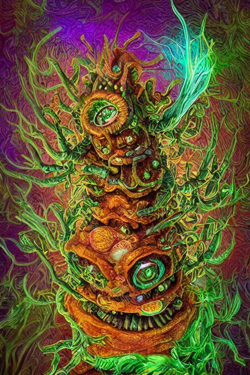 Image similar to creature sushi roots cactus elemental flush of force nature micro world fluo light deepdream a wild amazing steampunk baroque ancient alien creature, intricate detail, colorful digital painting radiating a glowing aura global illumination ray tracing