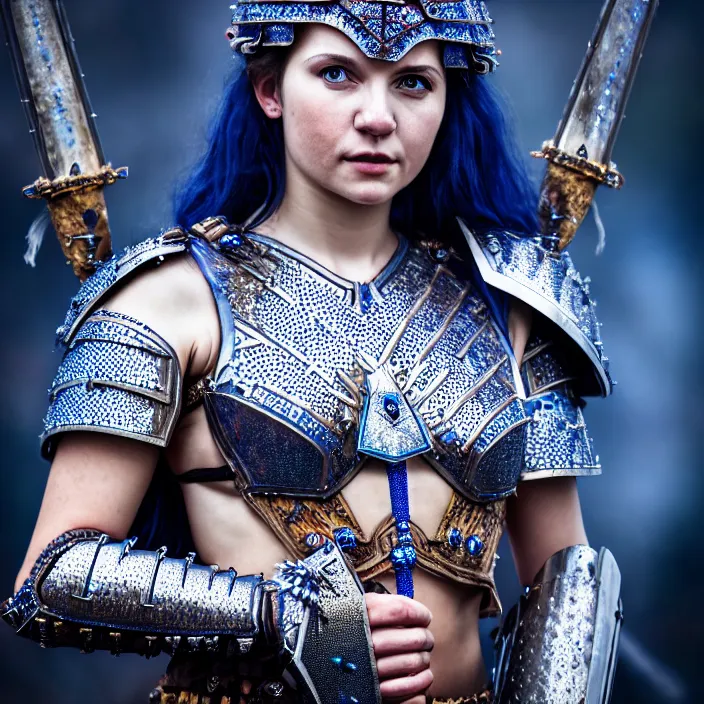 Image similar to full length photo of a cute beautiful warrior queen wearing sapphire encrusted armour, highly detailed, 4 k, hdr, smooth, sharp focus, high resolution, award - winning photo