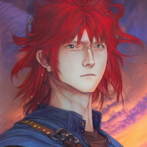 Prompt: prompt : ragnarok online portrait soft light painted by james jean and katsuhiro otomo and erik jones, inspired by akira anime, an epic fantasy comic book style portrait painting of a long haired, red headed male sky - pirate in front of an airship, intricate oil painting, high detail illustration, sharp high detail, manga and anime 1 9 9 9